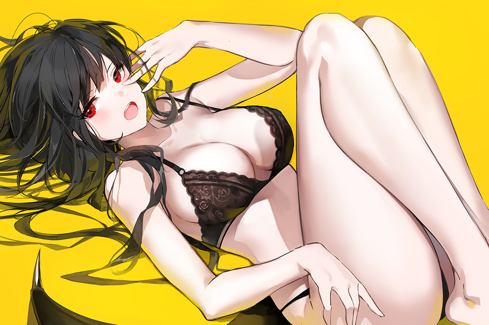 1girl arm_up ass bangs bare_arms bare_legs bare_shoulders barefoot black_bra black_hair black_panties black_wings bra breasts cleavage collarbone commentary_request demon_wings eyebrows_visible_through_hair feet_out_of_frame knees_up large_breasts long_hair low_wings open_mouth original panties red_eyes solo underwear very_long_hair wings yellow_background yumaomi