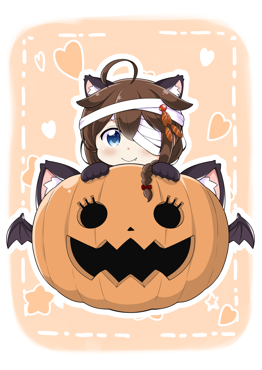 1girl ahoge alternate_costume animal_ears bandage bangs bat_wings blue_eyes brown_hair cat_ears chibi commentary_request eyebrows_visible_through_hair fang_out gloves hair_between_eyes hair_flaps hair_ornament halloween highres kantai_collection long_hair looking_at_viewer paw_gloves paws pink_background pumpkin remodel_(kantai_collection) shigure_(kantai_collection) smile solo tenshin_amaguri_(inobeeto) wings