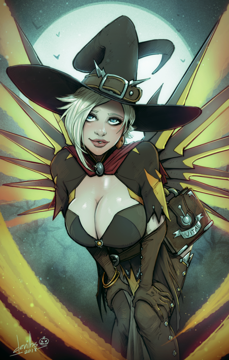 1girl alternate_costume bangle blonde_hair blue_eyes book bracelet breasts capelet chaps cleavage devilhs earrings full_moon hair_over_one_eye halloween_costume hands_on_own_knees hat highres jewelry large_breasts leaning_forward lips looking_at_viewer mechanical_wings mercy_(overwatch) moon night overwatch pink_lips short_hair solo wings witch witch_hat witch_mercy