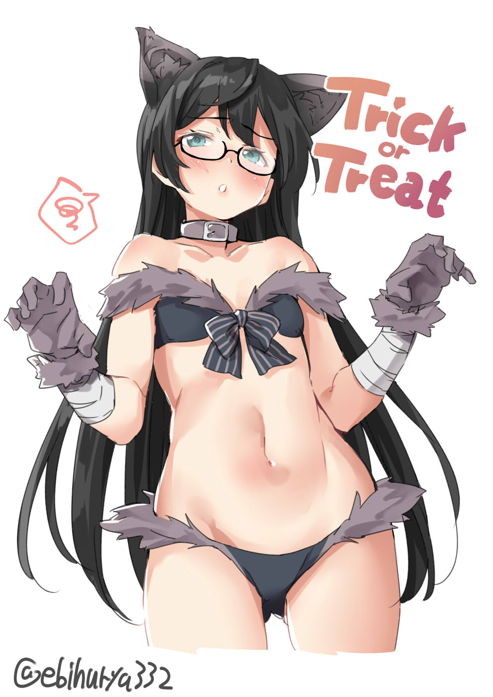 1girl alternate_costume aqua_eyes bandage bandaged_arm bandages bare_shoulders black-framed_eyewear black_hair blush breasts collarbone cowboy_shot ebifurya embarrassed gloves gluteal_fold halloween halloween_costume highres kantai_collection kemonomimi_mode long_hair looking_at_viewer midriff navel off_shoulder ooyodo_(kantai_collection) open_mouth paw_gloves paws simple_background small_breasts solo spoken_squiggle squiggle stomach thighs twitter_username