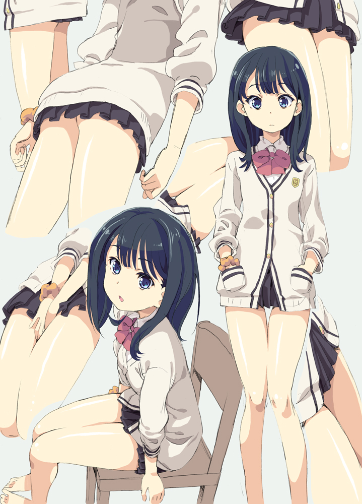 1girl arms_at_sides ass bare_legs barefoot black_hair black_skirt blue_eyes bow bowtie breasts chair collared_shirt commentary_request cropped_legs grey_background hands_in_pockets homing_(areya) long_hair long_sleeves miniskirt multiple_views on_chair pleated_skirt red_bow red_neckwear school_uniform scrunchie shirt simple_background sitting skirt ssss.gridman takarada_rikka thighs white_cardigan white_shirt wrist_scrunchie