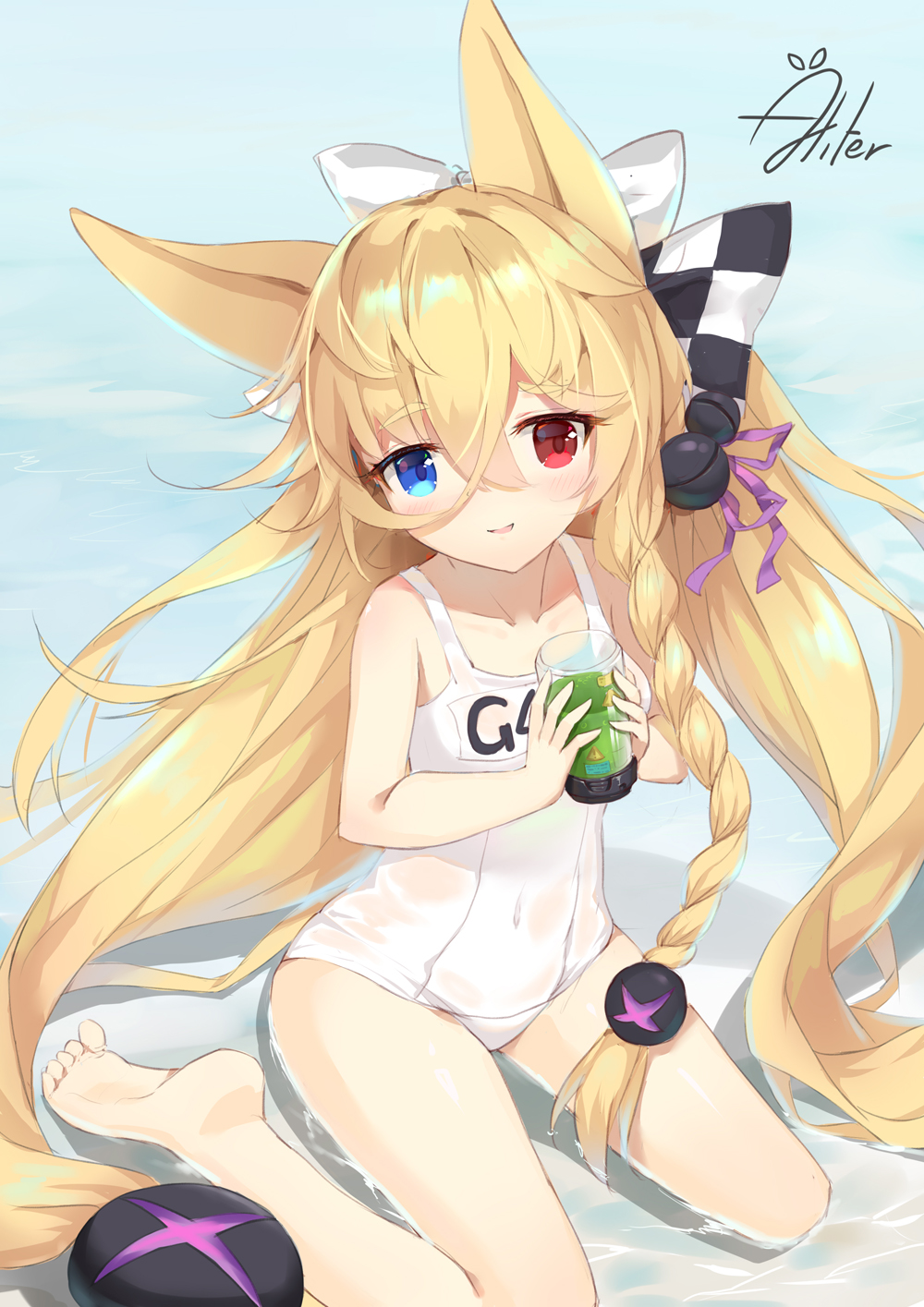 1girl aliter animal_ears bangs bare_legs barefoot blonde_hair blue_eyes blush bow character_name checkered checkered_bow collarbone commentary covered_navel day eyebrows_visible_through_hair fox_ears g41_(girls_frontline) girls_frontline hair_between_eyes hair_bow hair_ribbon head_tilt heterochromia highres holding long_hair low-tied_long_hair name_tag ocean old_school_swimsuit outdoors parted_lips purple_ribbon red_eyes ribbon school_swimsuit see-through shallow_water signature sitting smile soles solo swimsuit very_long_hair wariza water wet wet_clothes wet_swimsuit white_bow white_swimsuit
