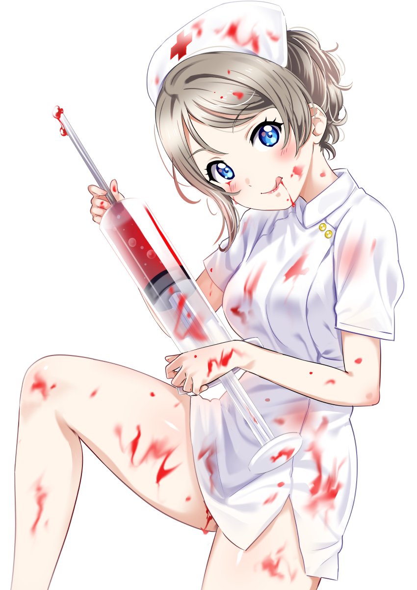 1girl :q alternate_hairstyle bangs blood blood_from_mouth blood_on_face blood_stain bloody_clothes bloody_hair bloody_hands blue_eyes blush breasts eyebrows_visible_through_hair grey_hair hair_between_eyes hat highres knee_up leg_up looking_at_viewer love_live! love_live!_sunshine!! medium_breasts nurse nurse_cap rozen5 short_hair sidelocks simple_background skirt solo standing standing_on_one_leg syringe thighs tongue tongue_out watanabe_you white_background white_skirt