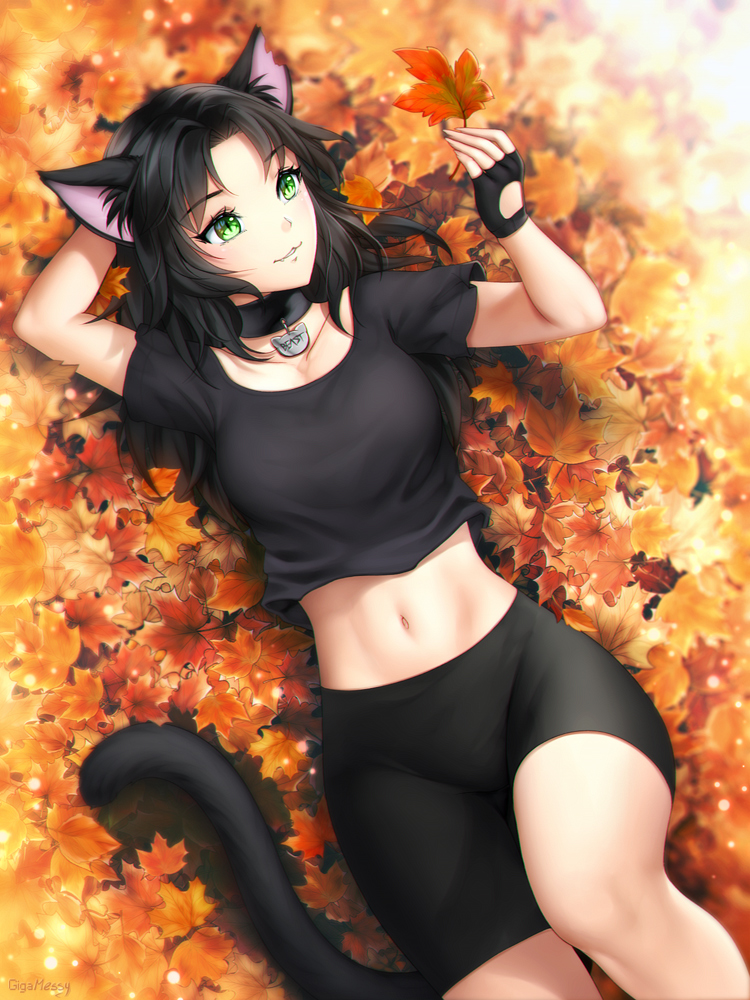 1girl animal_ears arm_behind_head autumn_leaves bike_shorts black_gloves black_hair black_shirt black_shorts breasts cat_ears cat_tail collar fingerless_gloves from_above gigamessy gloves green_eyes leaf long_hair lying maple_leaf medium_breasts midriff navel on_back original outdoors parted_lips shirt short_sleeves shorts smile solo stomach tail