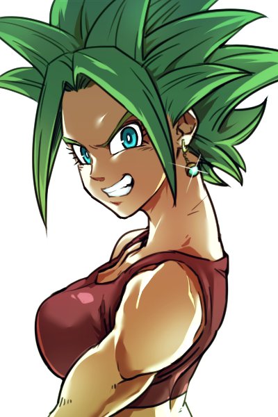 1girl bare_shoulders blue_eyes breasts close-up dragon_ball dragon_ball_super earrings eyelashes green_earrings green_eyes grin jewelry kefla_(dragon_ball) potara_earrings shaded_face simple_background sleeveless smile solo sparkle spiky_hair st62svnexilf2p9 super_saiyan tank_top teeth upper_body white_background