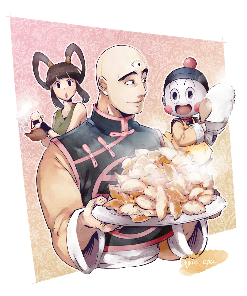 1girl 2boys :d :o bald bangs bare_shoulders black_eyes black_hair blush_stickers bowl chaozu chinese_clothes dragon_ball dragon_ball_super dragonball_z dumpling floral_background food green_shirt happy hat holding jiaozi light_smile long_sleeves multiple_boys open_mouth outside_border pink_background plate rice rice_bowl rice_spoon shirt simple_background sleeveless smile spoon steam sweatdrop teapot tenshinhan third_eye twintails twitter_username upper_body white_background wooden_spoon wristband yurin_(dragon_ball)