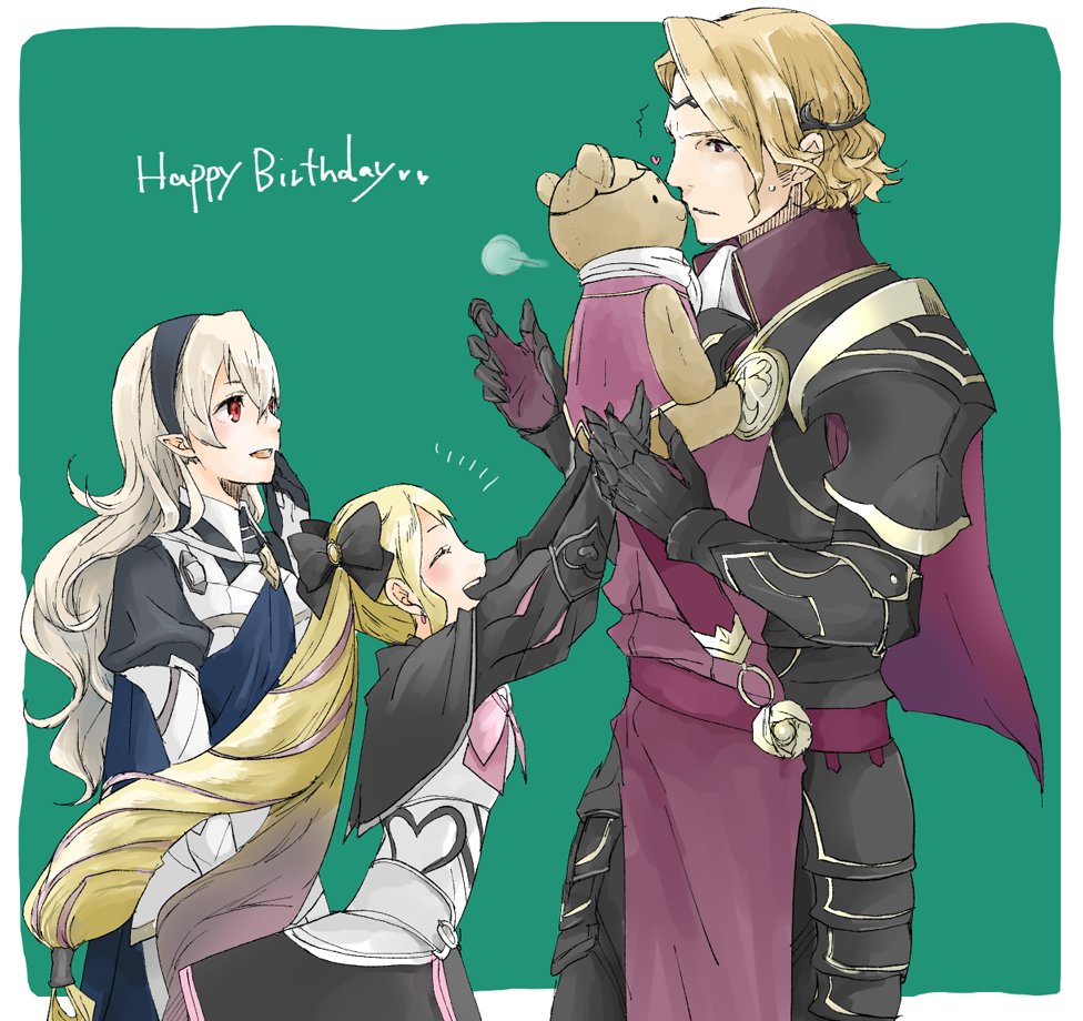 1boy 2girls armor black_armor black_bow black_gloves black_hairband blonde_hair bow brother_and_sister circlet closed_eyes dress earrings elise_(fire_emblem_if) female_my_unit_(fire_emblem_if) fire_emblem fire_emblem_if from_side gloves hair_bow hairband happy_birthday jewelry long_hair marks_(fire_emblem_if) multicolored_hair multiple_girls my_unit_(fire_emblem_if) nintendo open_mouth parted_lips pink_bow pointy_ears purple_hair red_eyes robaco short_hair siblings simple_background stuffed_animal stuffed_toy teddy_bear twintails white_hair