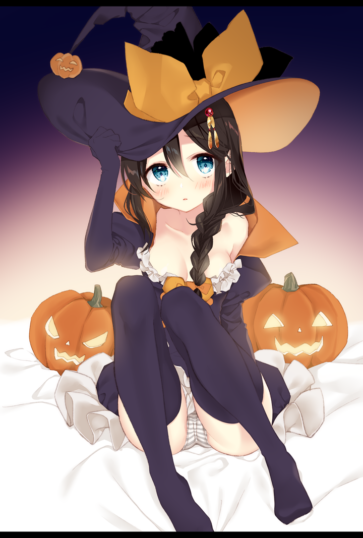 1girl bangs bare_shoulders bed_sheet black_hair black_legwear blue_eyes blush braid breasts cleavage dress frilled_dress frills gloves hair_between_eyes hair_ornament hair_over_shoulder hair_ribbon hairpin halloween hand_on_headwear hat hat_ribbon jack-o'-lantern juliet_sleeves kantai_collection knees_up letterboxed long_hair long_sleeves looking_at_viewer medium_breasts naoto_(tulip) no_shoes off_shoulder panties pantyshot pantyshot_(sitting) parted_lips puffy_sleeves pumpkin ribbon shigure_(kantai_collection) single_braid sitting solo striped striped_panties symbol_commentary thigh-highs underwear witch witch_hat