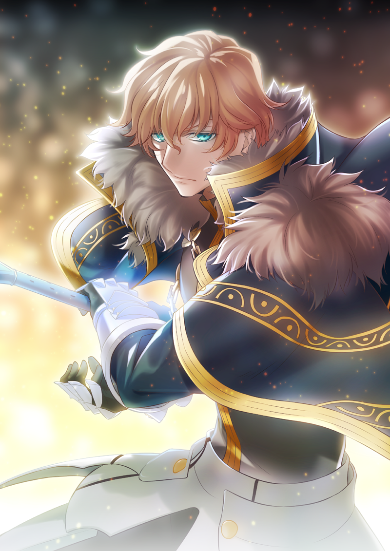1boy blonde_hair blue_cape blue_eyes cape fate/extra fate_(series) faulds fur_trim gauntlets gawain_(fate/extra) hair_between_eyes holding holding_sword holding_weapon looking_at_viewer male_focus nina_(pastime) solo standing sword weapon
