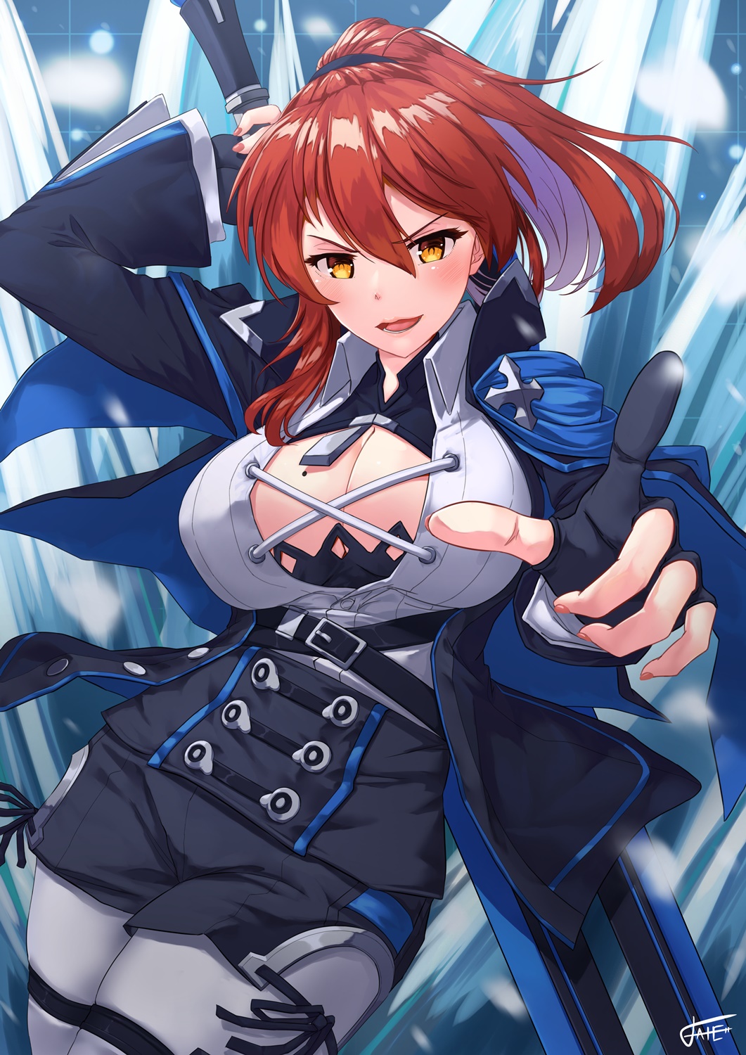 1girl alternate_costume bangs belt black_coat black_gloves black_shorts blue_cape blush breasts buckle cape cleavage cleavage_cutout coat collared_shirt corset cowboy_shot ekusufeito eyebrows_visible_through_hair gloves greatsword hair_between_eyes high_collar highres holding holding_sword holding_weapon honkai_impact ice large_breasts long_hair long_sleeves looking_at_viewer mole mole_on_breast multiple_belts murata_himeko nail_polish open_clothes open_coat open_mouth partly_fingerless_gloves pointing pointing_at_viewer ponytail red_nails redhead shirt short_shorts shorts side-tie_shorts sidelocks signature skindentation smile snow solo sword thigh_strap undershirt weapon white_shirt wind yellow_eyes