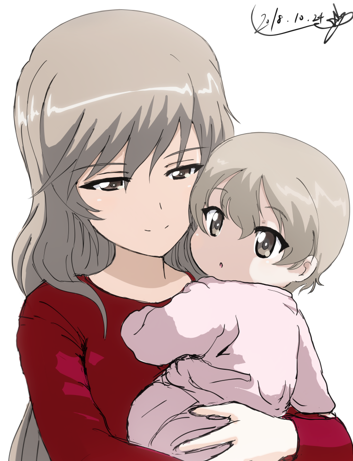 2girls :o artist_name baby bangs brown_eyes bukkuri child_carry closed_mouth commentary dated eyebrows_visible_through_hair girls_und_panzer half-closed_eyes light_brown_hair long_hair long_sleeves looking_at_another looking_at_viewer looking_back mother_and_daughter multiple_girls onesie parted_lips red_shirt shimada_arisu shimada_chiyo shirt short_hair signature simple_background smile very_short_hair white_background younger