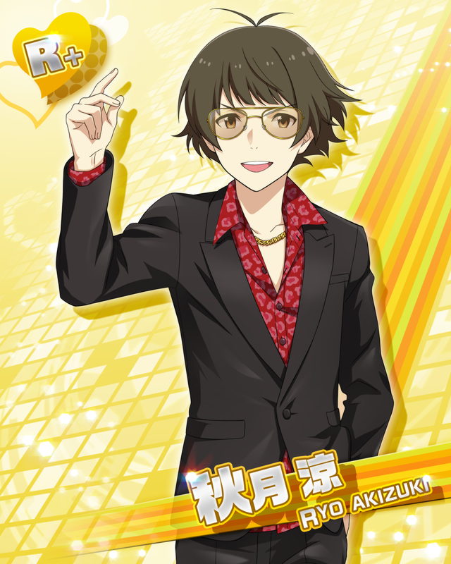 ahoge akizuki_ryou brown_eyes brown_hair character_name glasses idolmaster idolmaster_side-m necktie short_hair smile tuxedo