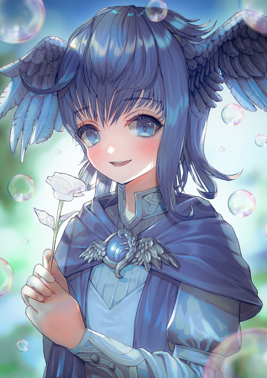 1girl bangs bird_wings blue_capelet blue_eyes blue_gemstone blue_hair blue_shirt blurry blurry_background brooch bubble capelet collared_shirt commentary_request dadaworld feathered_wings female_child final_fantasy final_fantasy_xiv flower from_side gem hands_up head_wings highres holding holding_flower jewelry juliet_sleeves korean_commentary light_blush long_sleeves looking_at_viewer meteion open_mouth own_hands_together puffy_sleeves shirt short_hair smile solo upper_body white_flower wings