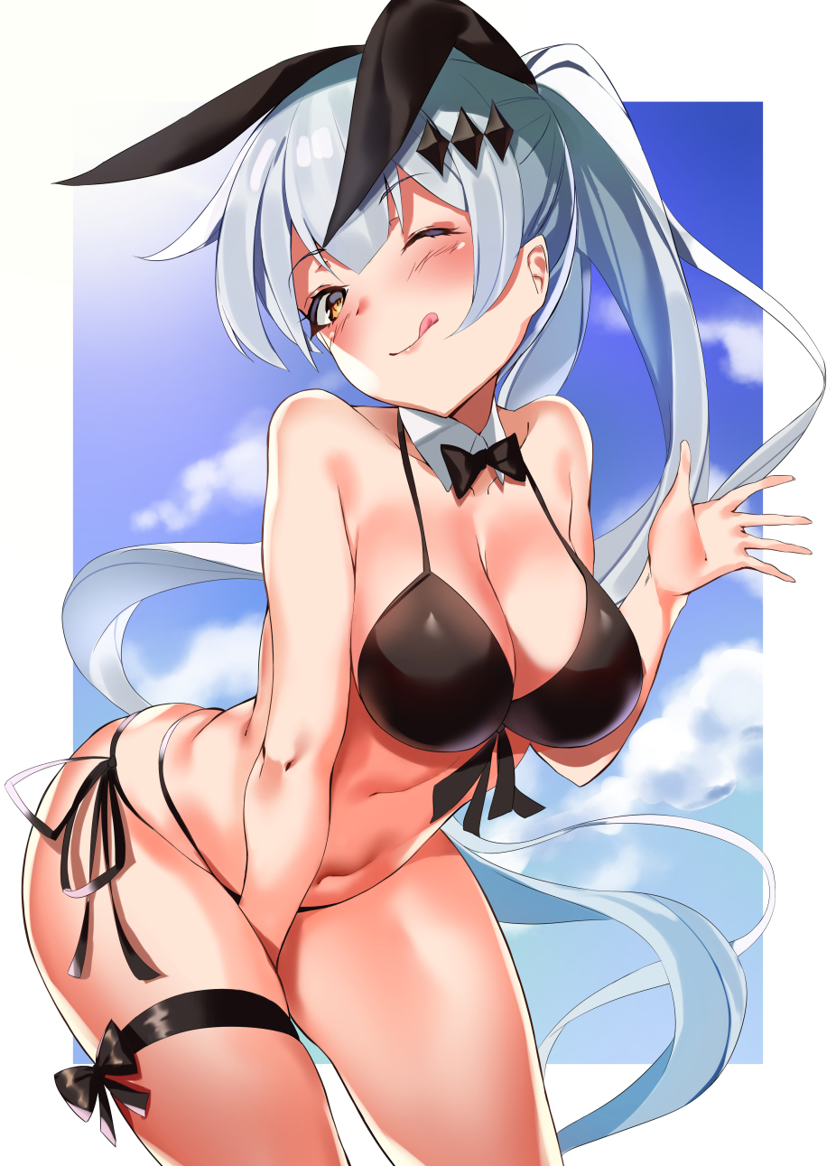 1girl ahoge animal_ears bangs bare_shoulders bending_forward bikini black_bikini blue_sky blush breasts brown_eyes cleavage collarbone commentary_request cowboy_shot day eyebrows_visible_through_hair fake_animal_ears five-seven_(girls_frontline) girls_frontline hair_between_eyes hair_ornament hair_ribbon highres large_breasts long_hair looking_at_viewer navel ocean one_eye_closed outdoors outside_border outstretched_hand ponytail pooor rabbit_ears ribbon side-tie_bikini silver_hair sky solo standing stomach swimsuit thigh_strap thighs tongue tongue_out very_long_hair