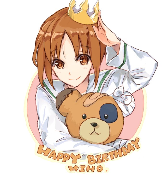 1girl adjusting_headwear arm_up bandage bandaid bangs blouse brown_eyes brown_hair character_name circle closed_mouth commentary crown english eyebrows_visible_through_hair girls_und_panzer happy_birthday holding holding_stuffed_animal long_sleeves looking_at_viewer mini_crown nishizumi_miho ooarai_school_uniform school_uniform serafuku short_hair smile solo stuffed_animal stuffed_toy upper_body white_blouse yuuyu_(777)