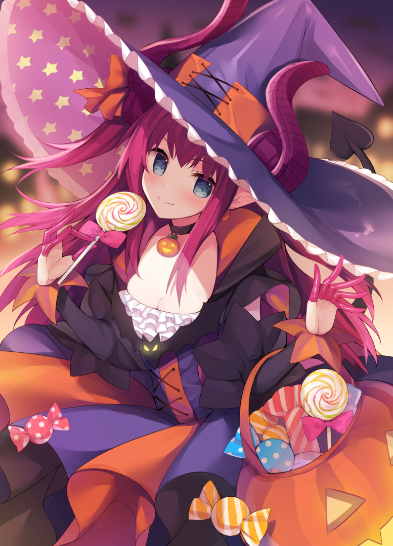1girl bangs black_cape black_choker black_sleeves blue_eyes blush breasts candy candy_wrapper cape choker cleavage closed_mouth commentary_request curled_horns demon_tail detached_sleeves dragon_horns dress elizabeth_bathory_(fate)_(all) elizabeth_bathory_(halloween)_(fate) eyebrows_visible_through_hair fang fang_out fate/grand_order fate_(series) food frilled_hat frills hair_between_eyes halloween_basket hat holding holding_food holding_lollipop horns horns_through_headwear lollipop long_hair long_sleeves looking_at_viewer miko_92 multicolored multicolored_cape multicolored_clothes orange_cape pink_hair purple_hat small_breasts smile solo star striped swirl_lollipop tail vertical-striped_dress vertical_stripes very_long_hair witch_hat