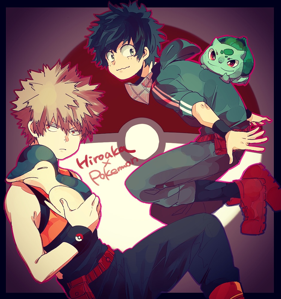 2boys bakugou_katsuki black_pants black_shirt boku_no_hero_academia brown_hair bulbasaur creatures_(company) cyndaquil game_freak gen_1_pokemon gen_2_pokemon green_eyes green_hair green_hoodie hood hood_down messy_hair midoriya_izuku multiple_boys nintendo otojirou pants poke_ball_symbol pokemon red_eyes red_footwear shirt spiky_hair