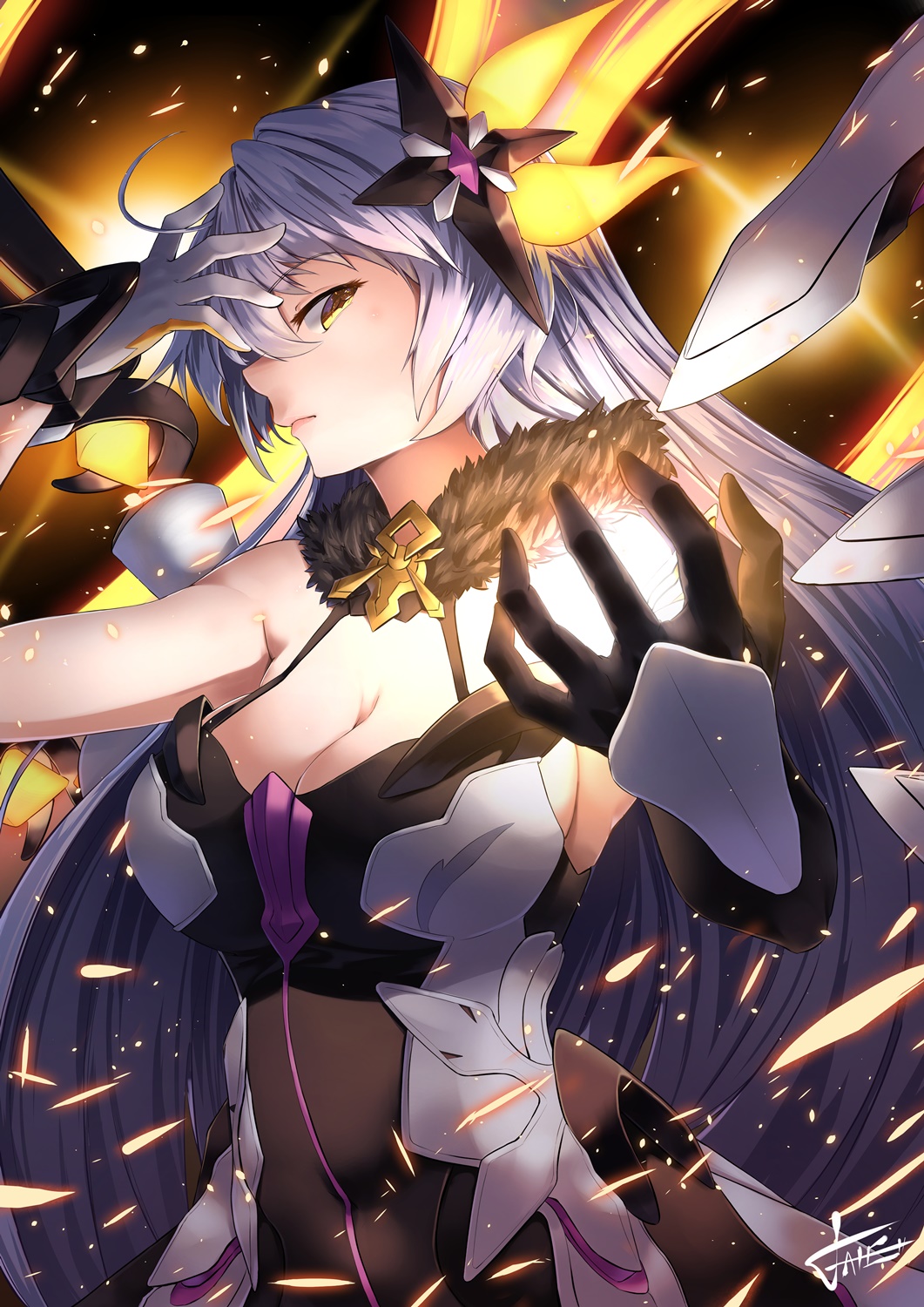 1girl alternate_costume armor armored_dress bangs bare_shoulders benghuai_xueyuan breasts cleavage closed_mouth covered_navel dress ekusufeito elbow_gloves energy_wings expressionless floating_hair fur-trimmed_dress gloves hair_between_eyes hair_ornament hand_on_own_head hand_up herrscherr_kiana_(honkai_impact) highres honkai_impact kiana_kaslana light light_particles long_hair looking_at_viewer medium_breasts sideboob sidelocks signature silver_hair skindentation solo symbol-shaped_pupils upper_body very_long_hair wind wind_lift wings yellow_eyes