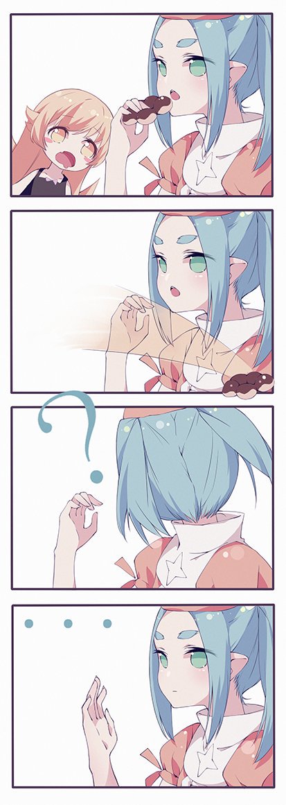 2girls aqua_hair blonde_hair blush_stickers comic commentary doughnut dress eyebrows fang food fukurou_(hvgd5584) green_eyes hat long_hair monogatari_(series) multiple_girls ononoki_yotsugi open_mouth oshino_shinobu pointy_ears short_hair symbol_commentary thick_eyebrows twintails yellow_eyes