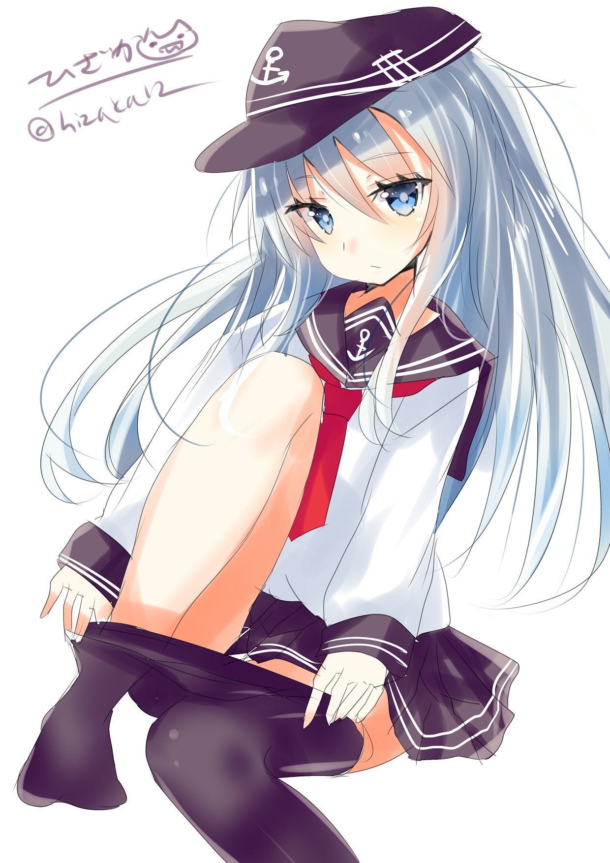 1girl anchor anchor_symbol black_legwear black_skirt blue_eyes closed_mouth flat_cap hair_between_eyes hat hibiki_(kantai_collection) highres hizaka kantai_collection long_hair long_sleeves looking_at_viewer neckerchief pleated_skirt sailor_collar school_uniform serafuku silver_hair sitting skirt solo thigh-highs twitter_username white_hair