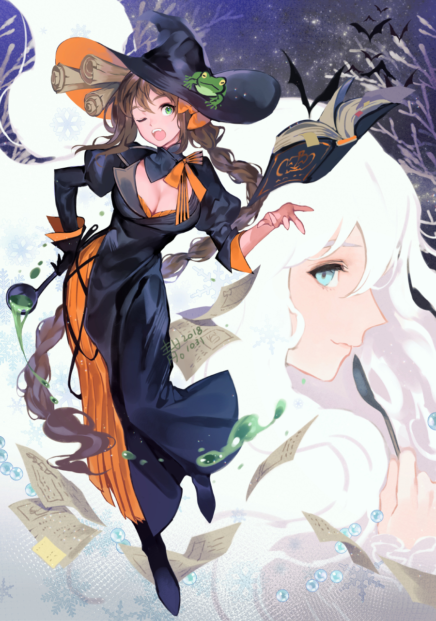 1girl bat blue_eyes book braid breasts brown_hair bubble cleavage dated dress erjung fangs floating floating_object frog gloves green_eyes halloween halloween_costume hat highres liquid long_hair magic open_mouth original scroll signature single_braid sky snowflakes soup_ladle spoon star_(sky) starry_sky very_long_hair white_hair witch witch_hat