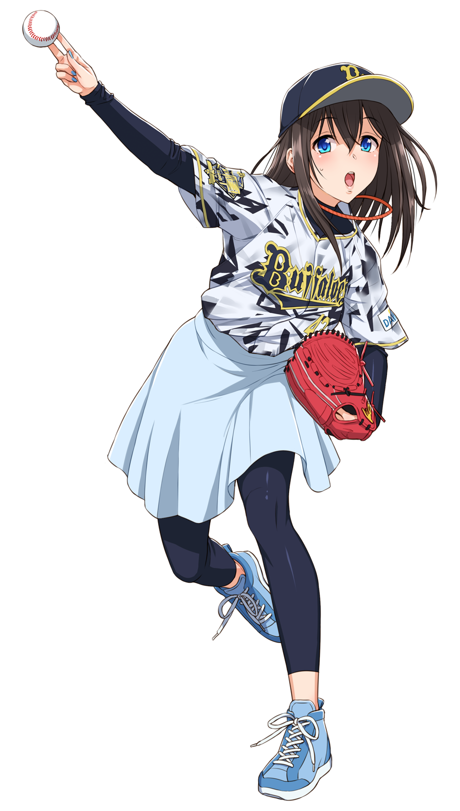 1girl arm_up baseball baseball_cap baseball_glove baseball_uniform black_legwear black_sleeves blue_eyes blue_footwear blue_nails blue_skirt brown_hair floating_hair full_body grey_shirt hair_between_eyes hat highres idolmaster idolmaster_cinderella_girls leg_up long_hair long_sleeves looking_at_viewer nail_polish nigou nippon_professional_baseball open_mouth print_shirt sagisawa_fumika shirt shoes simple_background skirt sneakers solo sportswear standing standing_on_one_leg sweatdrop white_background