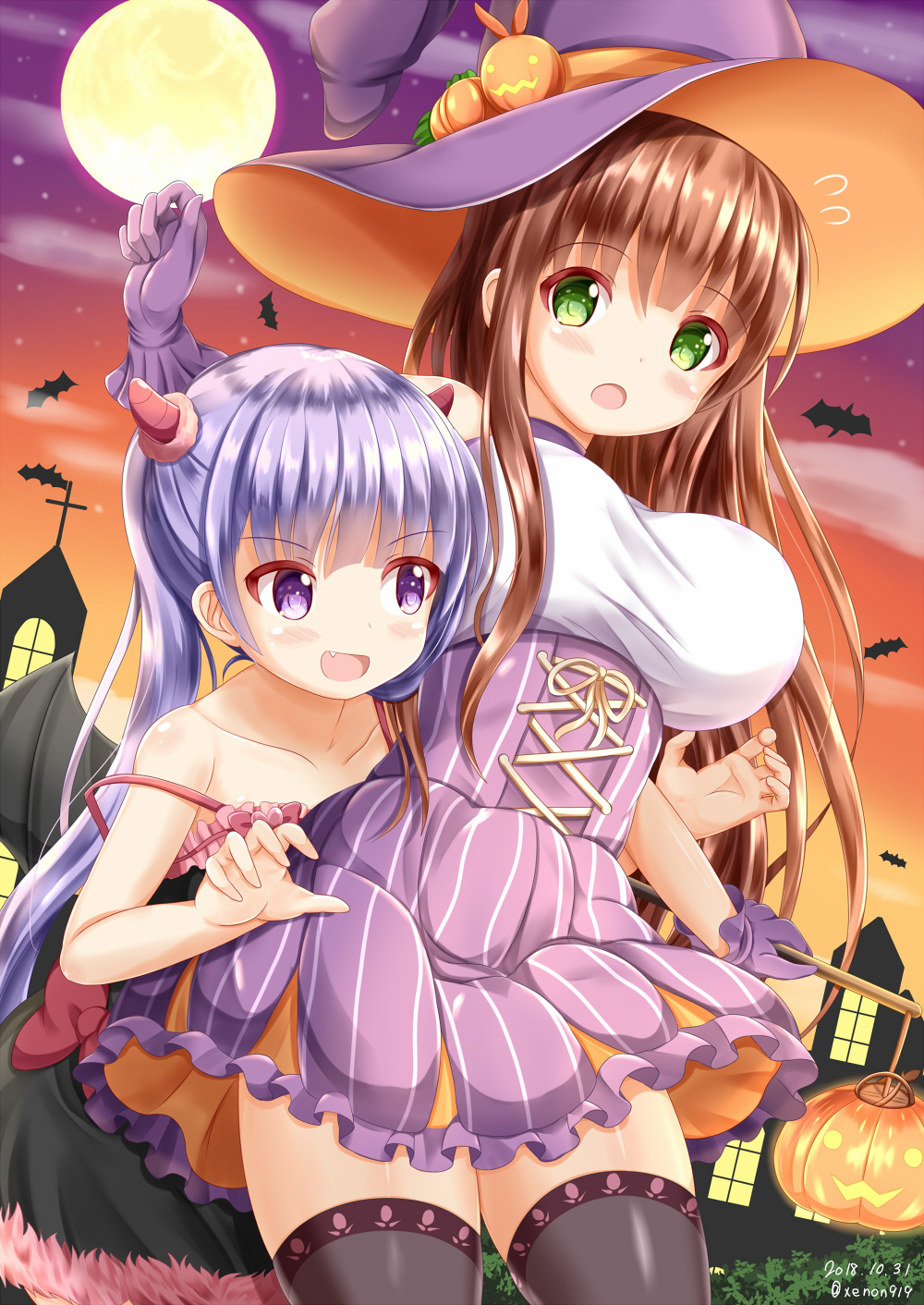 2girls :d :o bangs bare_arms bare_shoulders black_dress black_wings blush breasts brown_hair brown_legwear collarbone commentary_request company_connection cross-laced_clothes dated demon_wings dress eyebrows_visible_through_hair fang flying_sweatdrops fur-trimmed_dress gloves gochuumon_wa_usagi_desu_ka? green_eyes hair_between_eyes halloween hat high-waist_skirt highres holding horns jack-o'-lantern large_breasts long_hair manga_time_kirara multiple_girls new_game! open_mouth purple_gloves purple_hair purple_hat purple_skirt sidelocks skirt sleeveless sleeveless_dress smile strap_slip striped suzukaze_aoba thigh-highs twintails twitter_username ujimatsu_chiya vertical-striped_skirt vertical_stripes very_long_hair violet_eyes wings witch_hat zenon_(for_achieve)