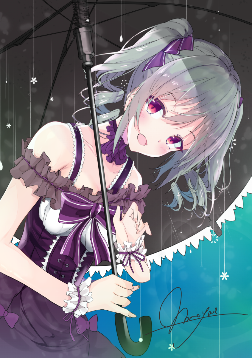 1girl :d blush_stickers dress drill_hair eyebrows_visible_through_hair frills grey_hair hair_ribbon highres idolmaster idolmaster_cinderella_girls idolmaster_cinderella_girls_starlight_stage kanzaki_ranko open_mouth rain ribbon seana signature smile umbrella