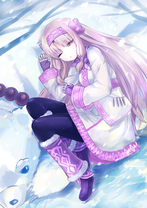 1girl ainu_clothes animal arm_up bangs bear bk201 black_legwear boots bow commentary_request eyebrows_visible_through_hair fate/grand_order fate_(series) fingerless_gloves fur_trim gloves hair_between_eyes hair_bow hairband half-closed_eye hand_up illyasviel_von_einzbern leg_warmers light_brown_hair long_hair long_sleeves lying on_side one_eye_closed pantyhose parted_bangs parted_lips pink_hairband purple_bow purple_footwear purple_gloves red_eyes shirou_(fate/grand_order) sitonai snow snowing very_long_hair
