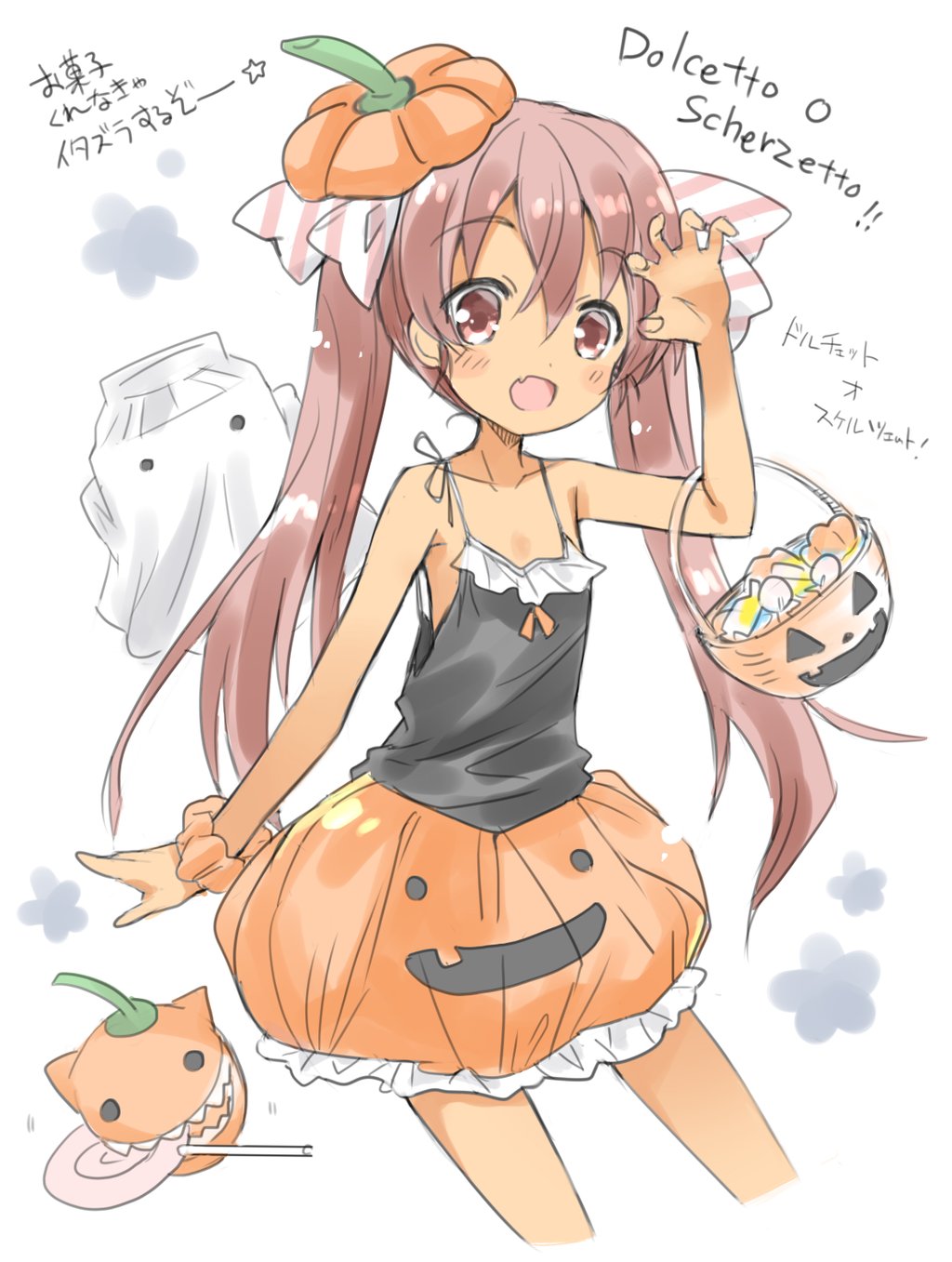 1girl basket black_blouse blouse brown_eyes brown_hair candy cowboy_shot fang food ghost halloween hat highres hizuki_yayoi italian jack-o'-lantern kantai_collection libeccio_(kantai_collection) long_hair looking_at_viewer open_mouth orange_skirt skirt sleeveless smile solo translated twintails white_background