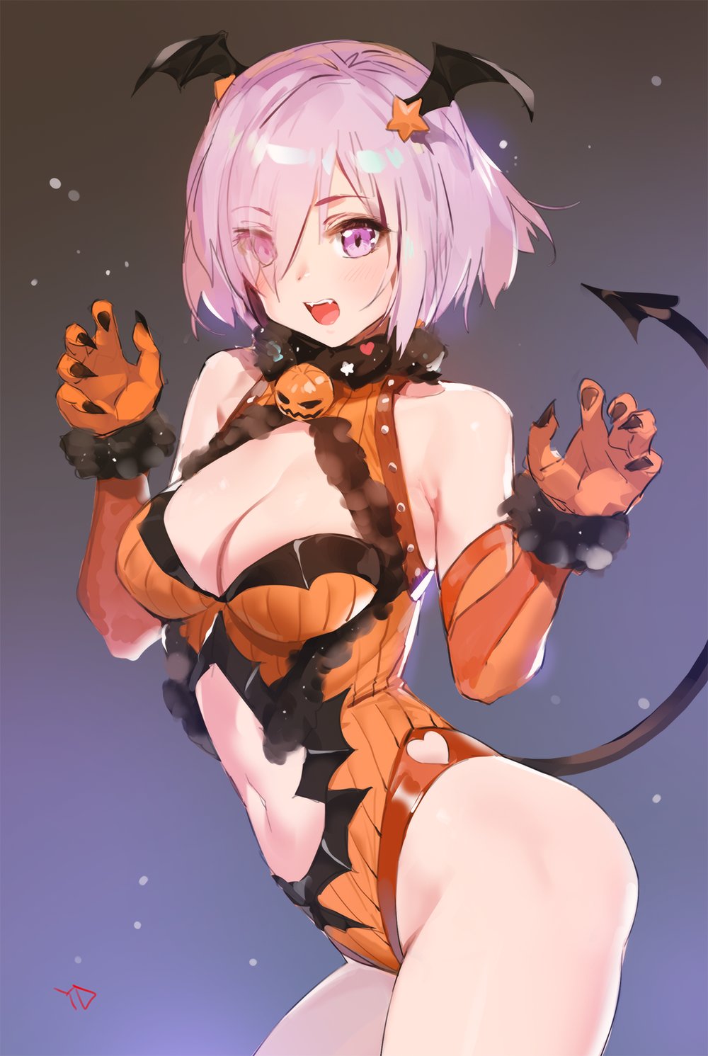 1girl artist_name bangs bare_shoulders blush breasts claw_pose claws cleavage commentary_request demon_girl demon_tail elbow_gloves eyebrows_visible_through_hair fangs fate/grand_order fate_(series) fur_trim gloves gradient gradient_background hair_over_one_eye hands_up highres horns large_breasts leotard looking_at_viewer mash_kyrielight navel navel_cutout open_mouth orange_gloves orange_leotard pumpkin shiny shiny_hair shiny_skin short_hair signature simple_background sleeveless solo tail thighs yang-do