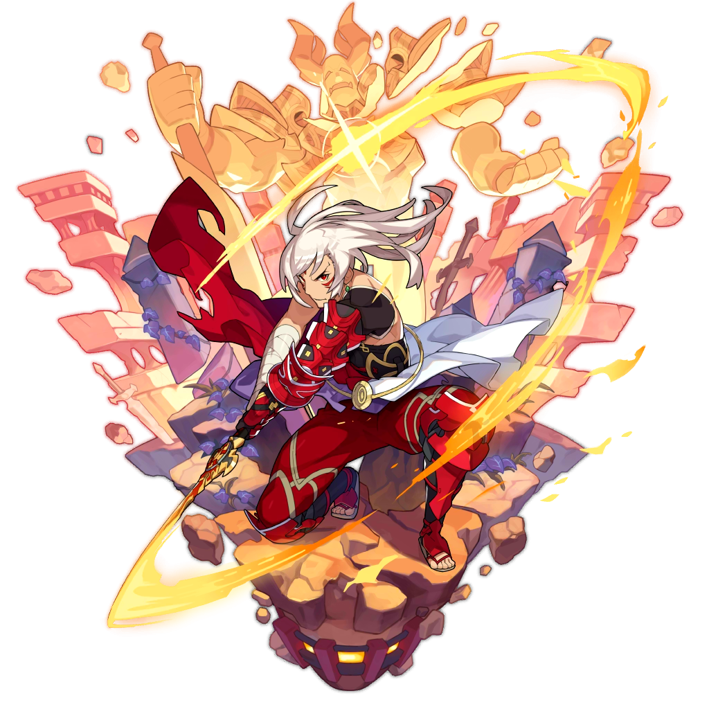 1boy artist_request bandage bandaged_arm bandages dragalia_lost facial_tattoo holding holding_weapon knight leg_armor long_hair mikoto_(dragalia_lost) non-web_source official_art red_eyes rock shirtless swing swinging tattoo transparent_background weapon white_hair