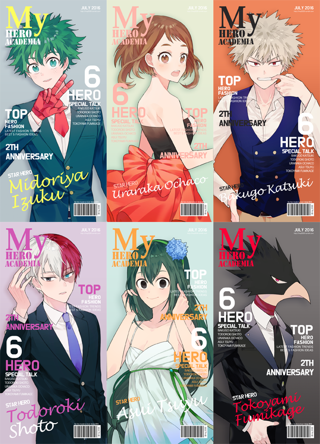 2girls 4boys asui_tsuyu bakugou_katsuki bare_shoulders bird black_eyes black_neckwear black_suit blue_eyes blue_neckwear blue_vest blush boku_no_hero_academia breasts brown_eyes brown_hair character_name collarbone copyright_name cover dated dress dress_shirt fake_cover finger_to_mouth flat_chest flower freckles gloves green_eyes green_hair green_ribbon green_suit grey_eyes hair_flower hair_ornament hairband hand_on_hip heterochromia imp_(imp330) light_brown_hair long_hair looking_at_viewer looking_back magazine_cover medium_breasts midoriya_izuku multicolored_hair multiple_boys multiple_girls necktie red_eyes red_gloves red_neckwear redhead ribbon shirt short_hair short_necktie sidelocks spaghetti_strap strapless strapless_dress todoroki_shouto tokoyami_fumikage two-tone_hair uraraka_ochako v very_long_hair vest white_dress white_hair