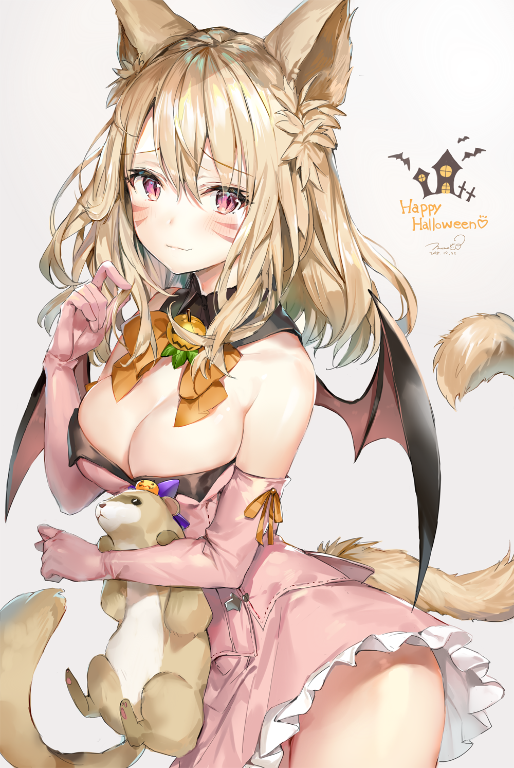 1girl animal_ears bangs bare_shoulders bat_wings black_collar blush bow breasts brown_wings cat_ears cat_girl cat_tail cleavage closed_mouth commentary dated detached_collar dress elbow_gloves eyebrows_visible_through_hair final_fantasy final_fantasy_xiv gloves grey_background hair_between_eyes happy_halloween highres large_breasts light_brown_hair long_hair looking_at_viewer miqo'te momoko_(momopoco) orange_bow pink_dress pink_gloves red_eyes signature slit_pupils smile solo strapless strapless_dress tail tail_raised whisker_markings wing_collar wings