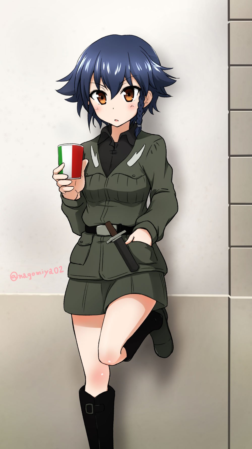 1girl :o against_wall anzio_military_uniform bangs belt black_belt black_footwear black_hair black_shirt boots braid brown_eyes commentary cup disposable_cup dress_shirt eyebrows_visible_through_hair flag_print girls_und_panzer grey_jacket grey_skirt hair_tie hand_in_pocket highres holding holding_cup italian_flag jacket knee_boots knife leg_up long_sleeves military military_uniform miniskirt nagomiya_(shousha) pencil_skirt pepperoni_(girls_und_panzer) shirt short_hair side_braid skirt solo standing standing_on_one_leg twitter_username uniform