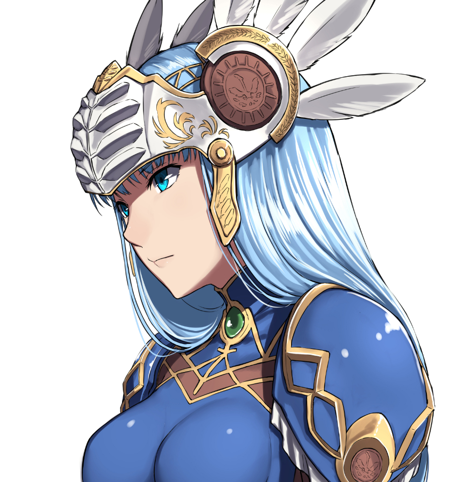 1girl aqua_eyes armor bangs blue_hair breasts closed_mouth eyebrows_visible_through_hair feathers gem headpiece lenneth_valkyrie long_hair looking_away medium_breasts pauldrons sblack simple_background solo straight_hair upper_body valkyrie_profile white_background