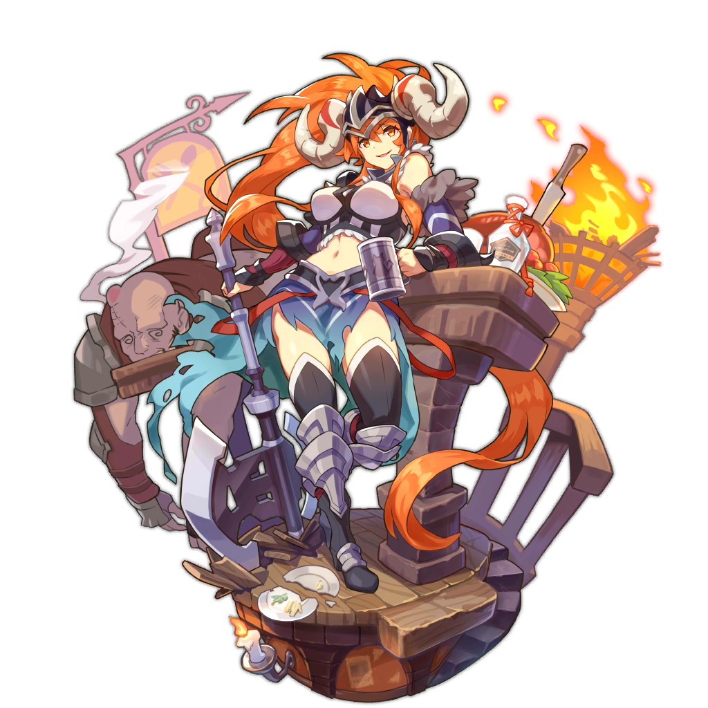 1girl armored_boots artist_request axe boots broken cup dragalia_lost fire hat head_bump horns long_hair midriff mug non-web_source official_art redhead steam thigh-highs transparent_background vanessa_(dragalia_lost) wood wooden_floor
