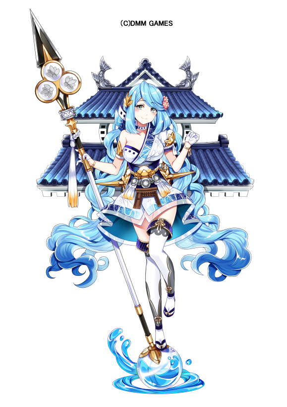 architecture blue_hair breasts character_request east_asian_architecture full_body gloves hair_ornament holding holding_spear holding_weapon long_hair looking_at_viewer medium_breasts official_art oshiro_project_re polearm ririkuto spear thigh-highs very_long_hair weapon white_background white_gloves white_legwear