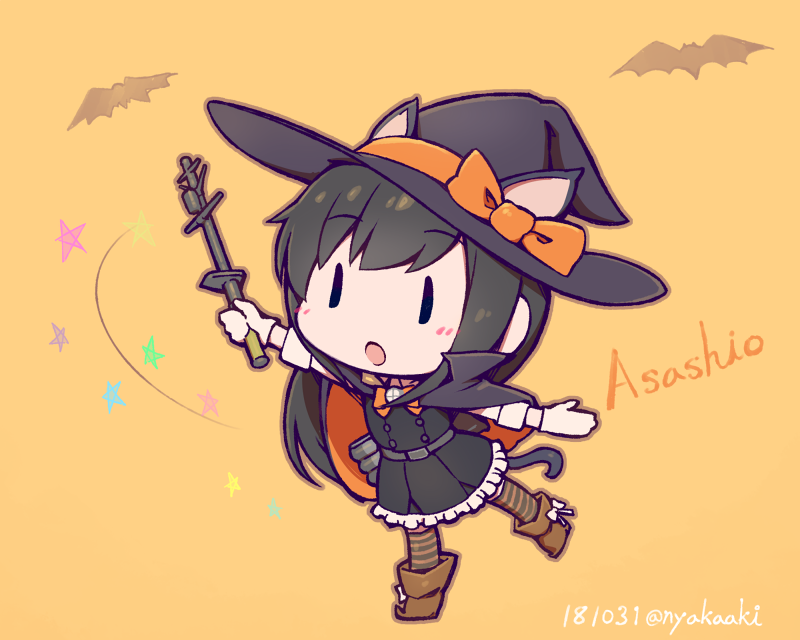 1girl animal_ears asashio_(kantai_collection) bat black_hair black_hat cat_ears cat_tail character_name chibi dress full_body gloves hat kantai_collection long_hair long_sleeves nakaaki_masashi orange_background pinafore_dress solo striped striped_legwear tail wand white_gloves witch_hat |_|