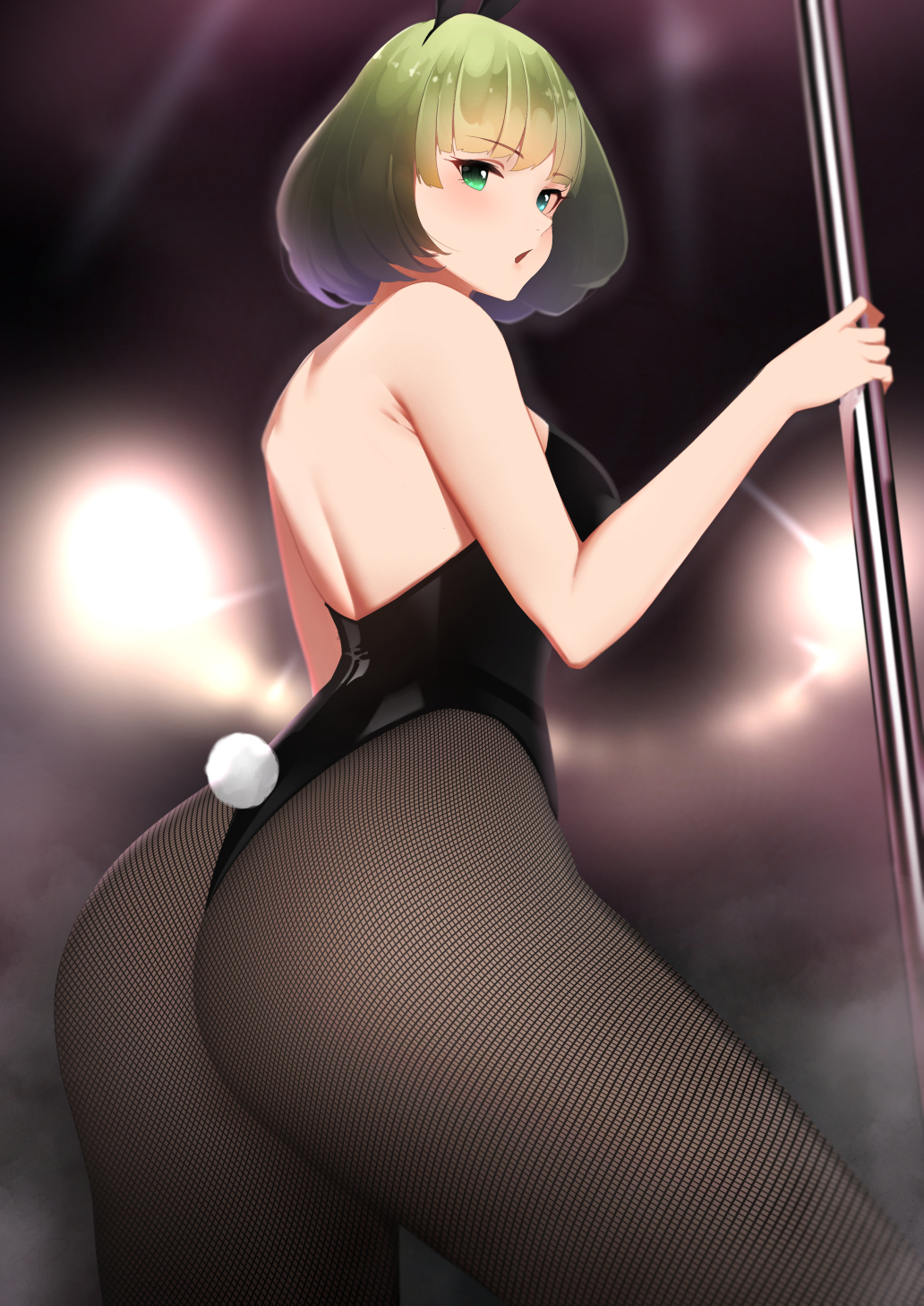 1girl animal_ears ass bare_back bare_shoulders breasts bunny_tail bunnysuit commentary fishnet_pantyhose fishnets fog green_eyes green_hair highres idolmaster idolmaster_cinderella_girls looking_at_viewer medium_breasts pantyhose parted_lips rabbit_ears senju_(snz0) short_hair solo stripper_pole tail takagaki_kaede thighs