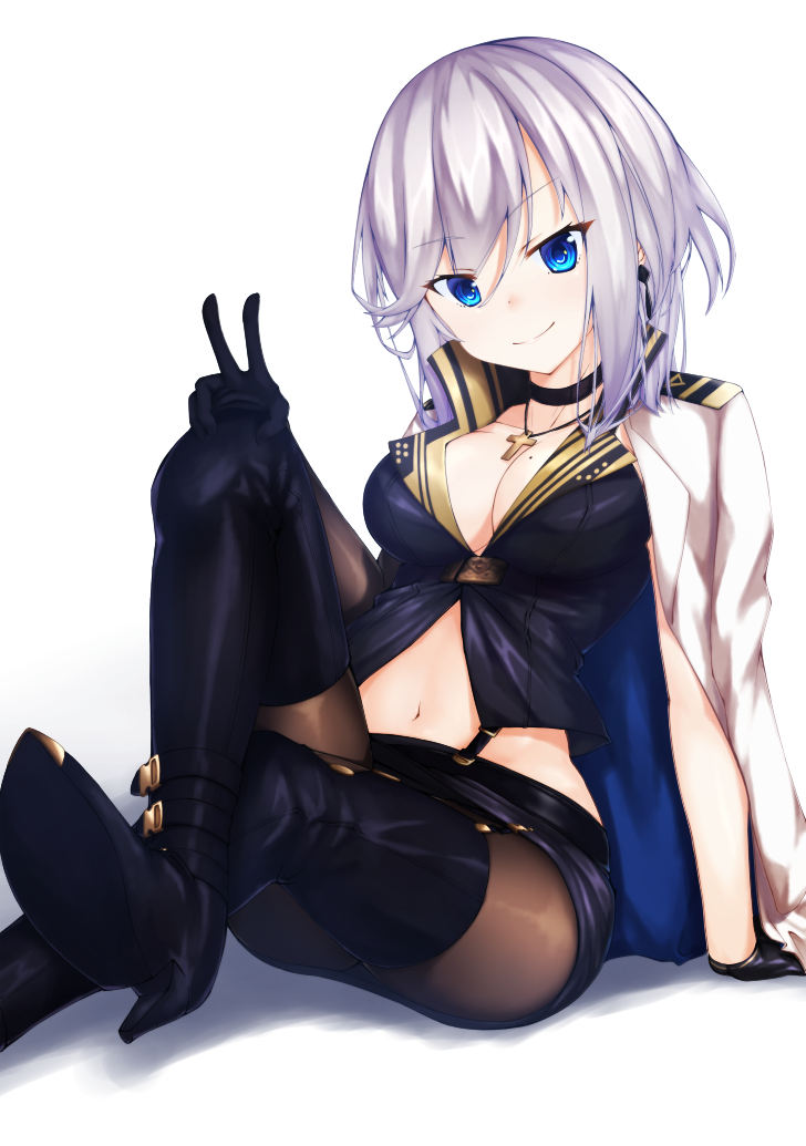 1girl azur_lane blue_eyes boots breasts choker cleavage commentary_request cross cross_necklace eyebrows_visible_through_hair gloves jacket_on_shoulders jewelry large_breasts legs_crossed looking_at_viewer midriff mole mole_on_breast navel necklace pantyhose shimo_(shimo332215) short_hair sidelocks silver_hair simple_background sitting sleeveless smile solo thigh-highs thigh_boots v washington_(azur_lane) white_background