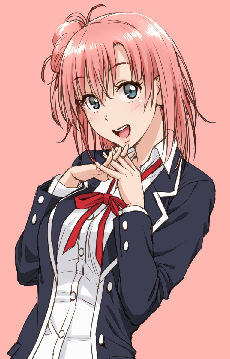 1girl :d black_jacket blazer blue_eyes dress_shirt eyebrows_visible_through_hair hair_between_eyes highres interlocked_fingers jacket long_hair looking_at_viewer neck_ribbon nigou open_blazer open_clothes open_jacket open_mouth pink_background pink_hair red_ribbon ribbon school_swimsuit shiny shiny_hair shirt simple_background smile solo swimsuit upper_body white_shirt yahari_ore_no_seishun_lovecome_wa_machigatteiru. yuigahama_yui