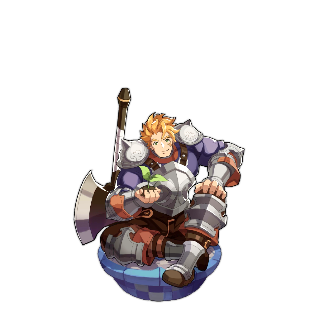 1boy armor artist_request axe blonde_hair closed_mouth dragalia_lost facial_scar green_eyes holding legs_crossed looking_at_viewer non-web_source official_art plant rex_(dragalia_lost) scar sitting smile transparent_background weapon