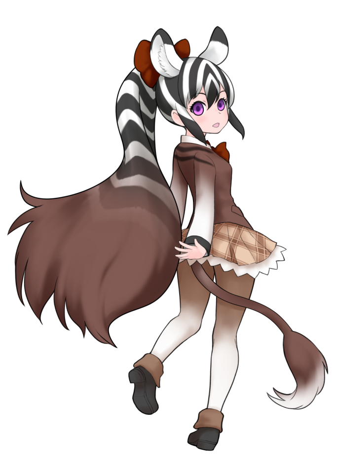 1girl :d black_hair brown_hair empty_eyes extra_ears from_behind full_body gradient_hair gradient_legwear hair_between_eyes hair_ribbon ise_(0425) kemono_friends long_hair long_sleeves looking_at_viewer looking_back multicolored_hair open_mouth pantyhose plaid plaid_skirt pleated_skirt ponytail quagga_(kemono_friends) quagga_ears quagga_tail red_ribbon ribbon shoes simple_background skirt smile solo standing standing_on_one_leg tail very_long_hair violet_eyes white_background white_hair