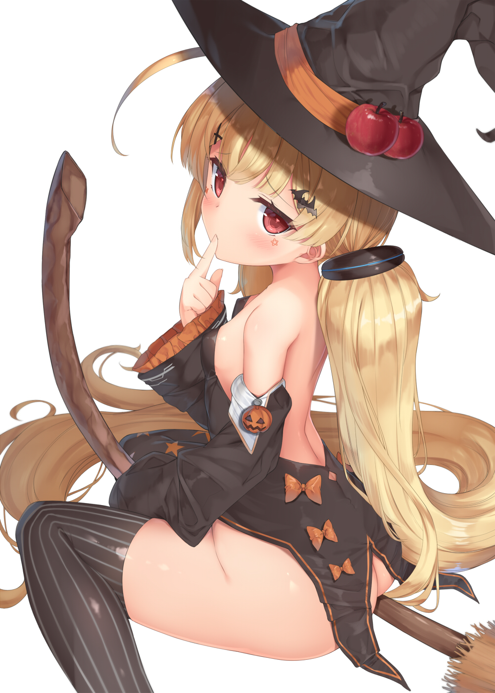 1girl apple ass azur_lane bangs bare_back bare_shoulders black_legwear blonde_hair blush breasts broom commentary_request detached_sleeves dress eldridge_(azur_lane) eyebrows_visible_through_hair facial_mark finger_to_mouth food fruit fujieda_uzuki hair_ornament hairclip halloween halloween_costume hat highres long_hair looking_at_viewer no_panties red_eyes simple_background sleeveless sleeveless_dress small_breasts solo straddling striped striped_legwear thigh-highs twintails vertical-striped_legwear vertical_stripes very_long_hair white_background witch witch_hat