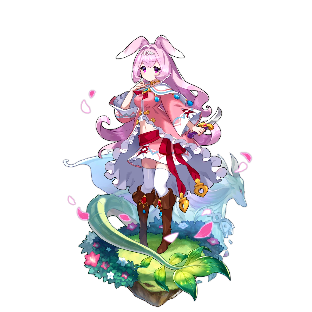 1girl animal_ears artist_request boots dagger dragalia_lost long_hair melsa midriff non-web_source official_art pink_hair rabbit_ears roots skirt thigh-highs violet_eyes weapon