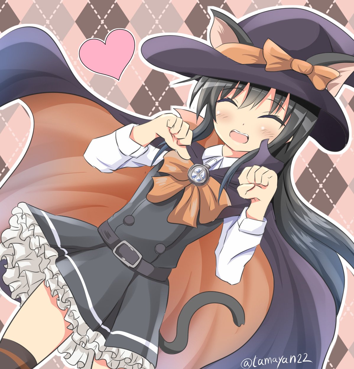 1girl ^_^ animal_ears asashio_(kantai_collection) belt black_hair bow cape cat_ears cat_tail closed_eyes closed_eyes dress dress_shirt hat heart highres kantai_collection kemonomimi_mode open_mouth paw_pose pinafore_dress searchlight shirt smile solo tail tamayan thigh-highs witch witch_hat