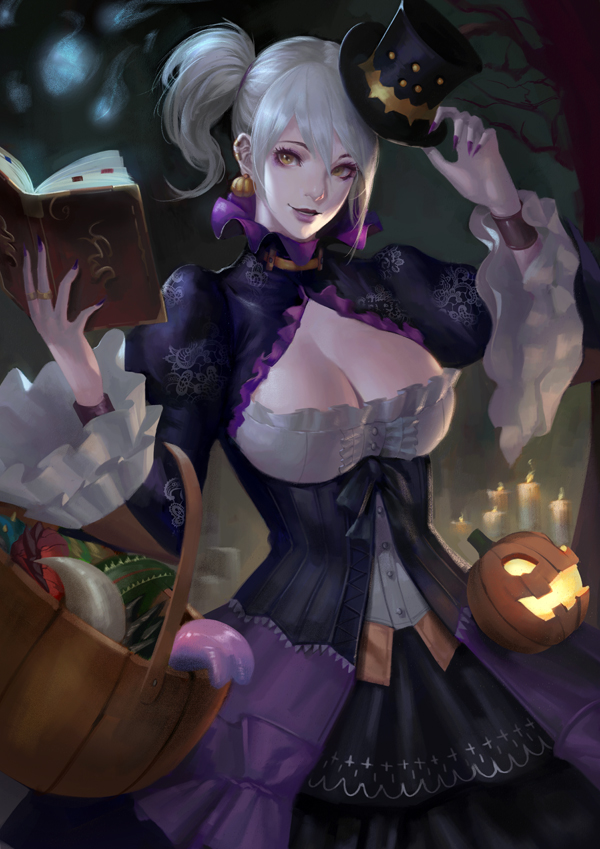 1girl alternate_costume alternate_hair_color basket book breasts candle cleavage dress earrings fingernails gothic_lolita halloween handler_(monster_hunter_world) jack-o'-lantern jack-o'-lantern_earrings jewelry lolita_fashion looking_at_viewer monster_hunter monster_hunter:_world nail_polish open_book parted_lips phamoz purple_nails ring sharp_fingernails side_ponytail silver_hair smile solo wristband