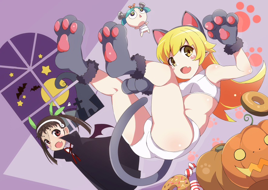 2girls animal_ears bakemonogatari bat bat_wings black_hair blonde_hair blush bra brown_hair candy cape cat_ears cat_paws cat_tail doughnut fang food gesugesu_ahoaho hachikuji_mayoi hairband halloween halloween_costume jack-o'-lantern long_hair looking_at_viewer monogatari_(series) moon multiple_girls ononoki_yotsugi open_mouth oshino_shinobu panties paw_pose paw_print paws sky sports_bra star star_(sky) starry_sky tail twintails underwear vampire white_bra white_panties window wings yellow_eyes