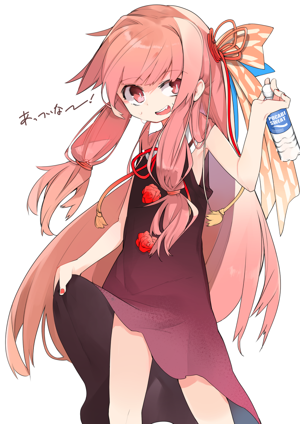 1girl aki_maki_yuu bangs bare_arms bottle brand_name_imitation bright_pupils dress dress_lift eyebrows_visible_through_hair flower hair_ribbon highres holding holding_bottle kotonoha_akane lifted_by_self long_hair looking_at_viewer nail_polish pink_eyes pink_hair pocari_sweat purple_dress red_flower red_nails red_ribbon ribbon sailor_collar sidelocks simple_background sleeveless sleeveless_dress solo standing tress_ribbon very_long_hair voiceroid water_bottle white_background